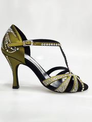 Load image into Gallery viewer, ALESSIA Superb (accollata) L1 - Scarpa da Ballo in Raso Seta Verde Oliva con Swarovski Boreali e Tacco a Rocchettino
