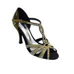 Load image into Gallery viewer, ALESSIA Superb (accollata) L1 - Scarpa da Ballo in Raso Seta Verde Oliva con Swarovski Boreali e Tacco a Rocchettino
