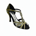 Load image into Gallery viewer, ALESSIA Superb (accollata) L1 - Scarpa da Ballo in Raso Seta Verde Oliva con Swarovski Boreali e Tacco a Rocchettino
