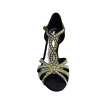 Load image into Gallery viewer, ALESSIA Superb (accollata) L1 - Scarpa da Ballo in Raso Seta Verde Oliva con Swarovski Boreali e Tacco a Rocchettino
