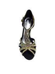 Load image into Gallery viewer, ALESSIA Superb (accollata) L1 - Scarpa da Ballo in Raso Seta Verde Oliva con Swarovski Boreali e Tacco a Rocchettino
