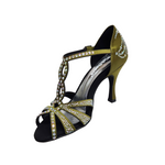 Load image into Gallery viewer, ALESSIA Superb (accollata) L1 - Scarpa da Ballo in Raso Seta Verde Oliva con Swarovski Boreali e Tacco a Rocchettino
