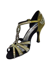 Load image into Gallery viewer, ALESSIA Superb (accollata) L1 - Scarpa da Ballo in Raso Seta Verde Oliva con Swarovski Boreali e Tacco a Rocchettino
