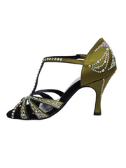 Load image into Gallery viewer, ALESSIA Superb (accollata) L1 - Scarpa da Ballo in Raso Seta Verde Oliva con Swarovski Boreali e Tacco a Rocchettino
