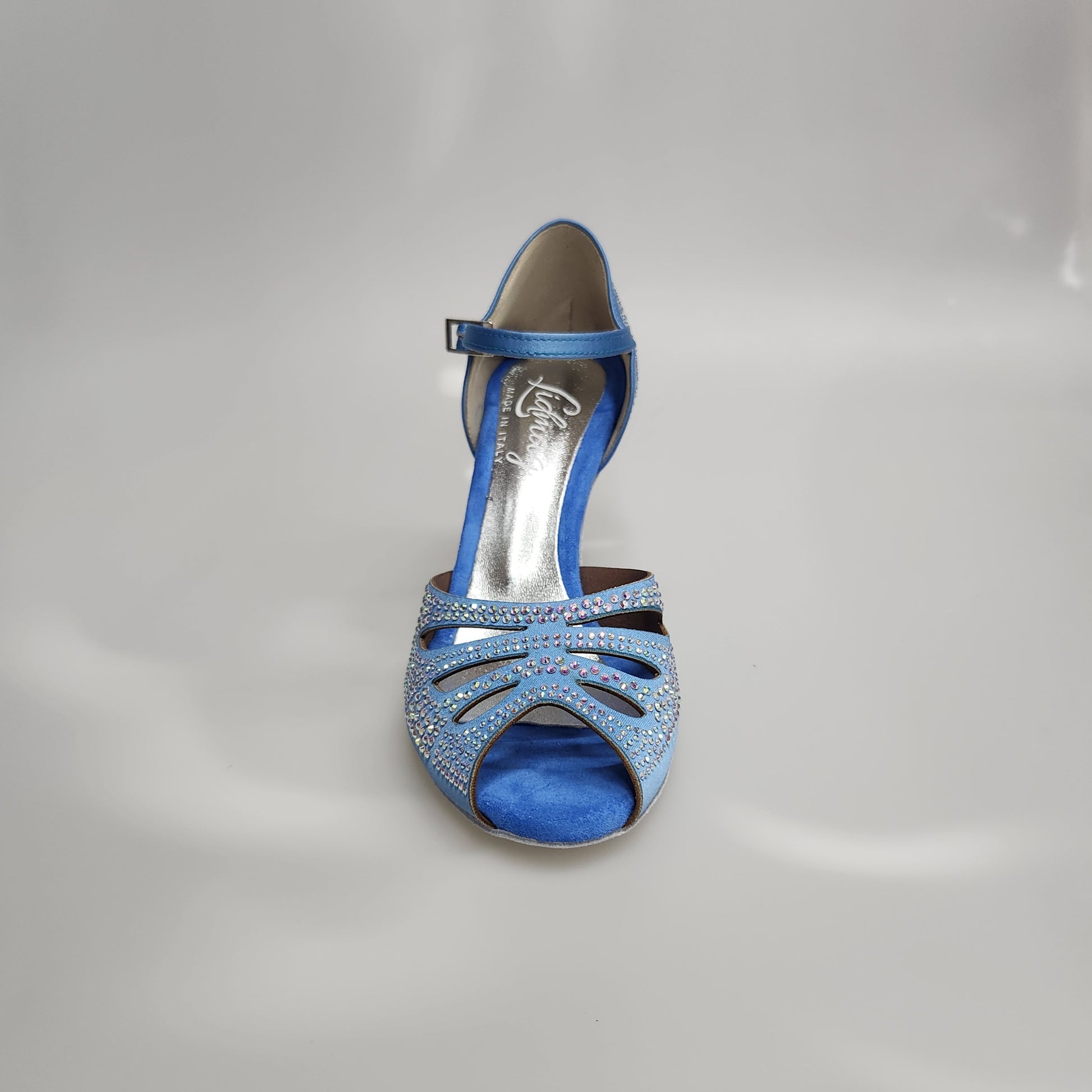 Scarpa da ballo in raso seta azzurro cielo Alexa LP4 con Swarovski Boreali e tacco a rocchetto, Wish Dance Shop