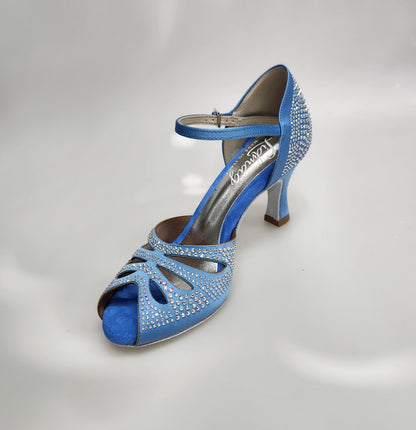 Scarpa da ballo Alexa LP4 in raso seta azzurro cielo con Swarovski Boreali e tacco a rocchetto, Wish Dance Shop