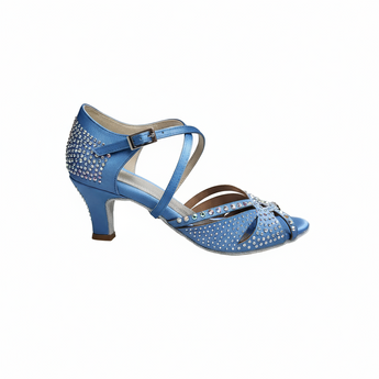 SAMIRA (L19) - Scarpa da Ballo in Raso Seta Azzurro Cielo Con Swarovski Boreali e Tacco Basso a Rocchetto