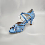 Carica immagine nella Galleria, SAMIRA (L19) - Scarpa da Ballo in Raso Seta Azzurro Cielo Con Swarovski Boreali e Tacco Basso a Rocchetto
