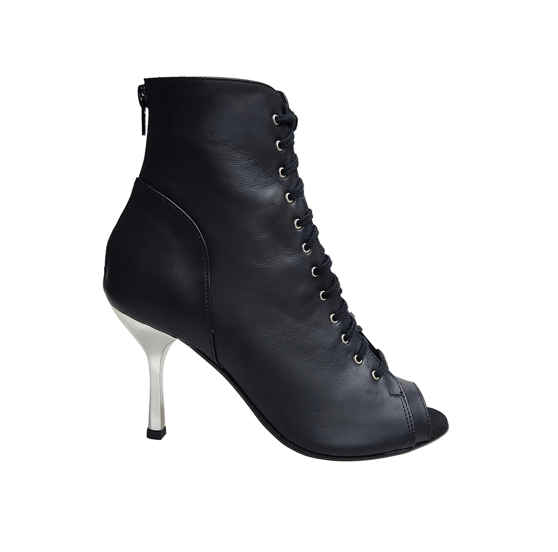 Stivaletto Wish Dance Shop Alexis Black Silver con zip in pelle nera, tacco a stiletto squadrato in alluminio laminato argento