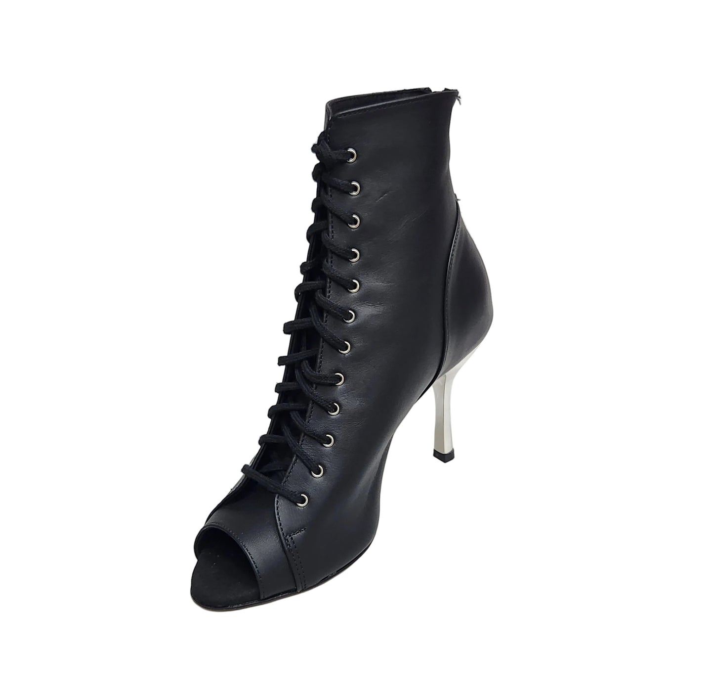 Stivaletto Wish Dance Shop Alexis Black Silver in pelle nera con zip, tacco a stiletto squadrato e dettagli in alluminio argentato.