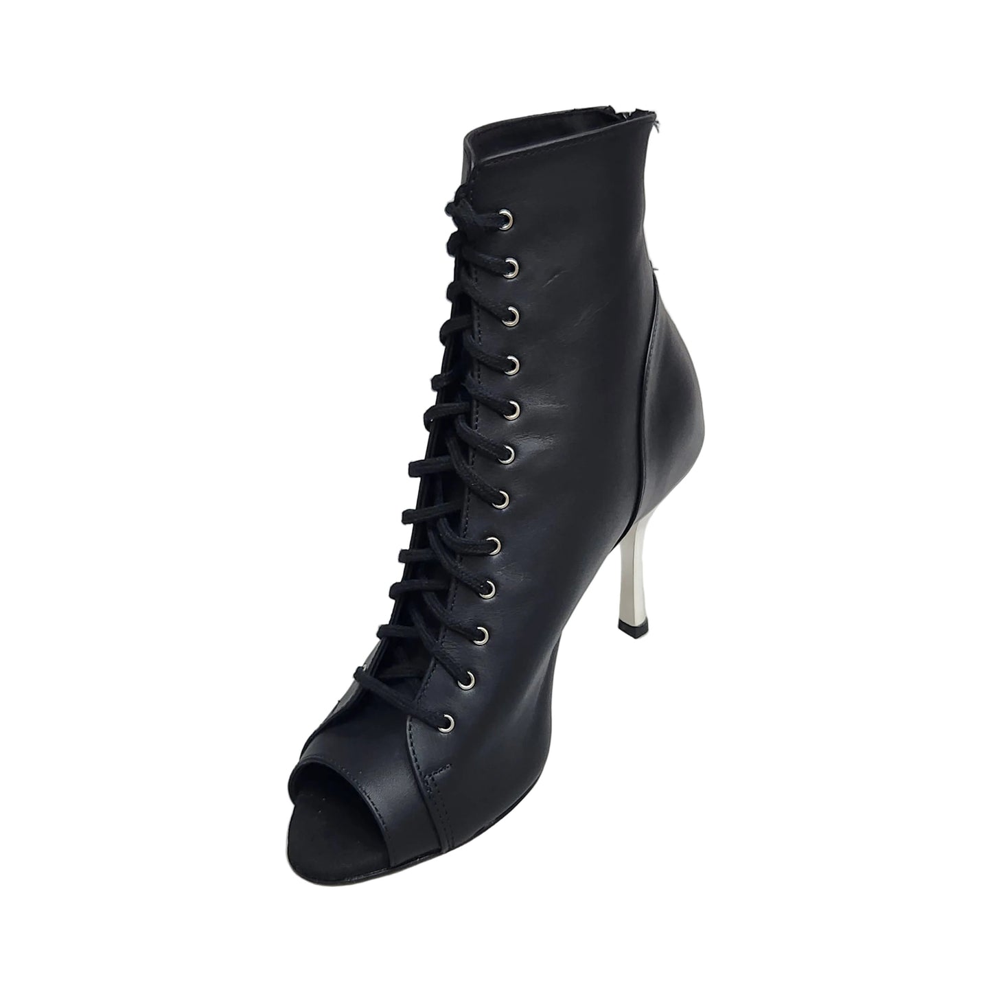 Stivaletto nero in pelle Alexis Black Silver con zip, tacco a stiletto squadrato in alluminio laminato argento, dettagli eleganti.