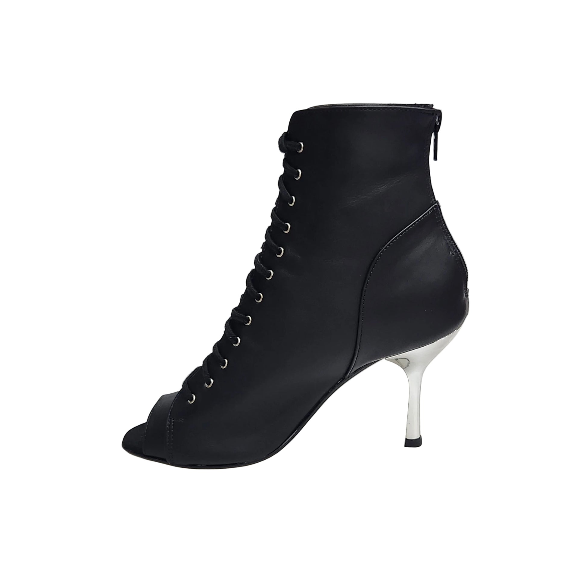 Stivaletto Wish Dance Shop Alexis Black Silver con zip in pelle nera, tacco a stiletto e dettagli in alluminio laminato argentato.
