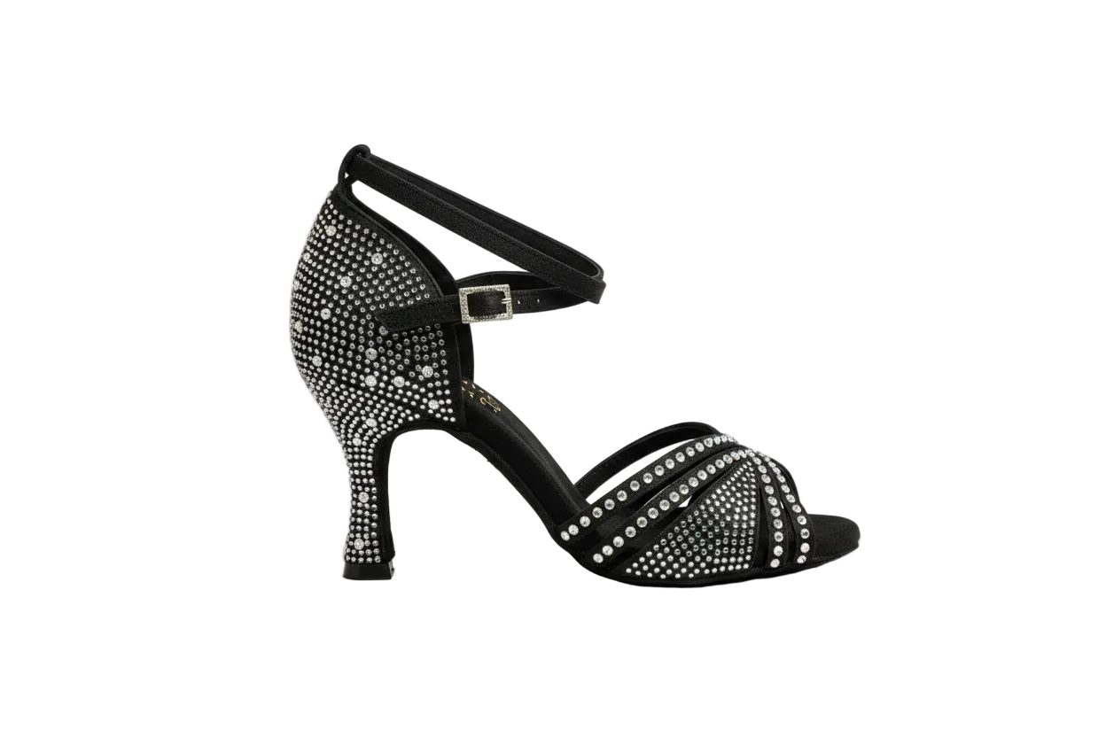 Scarpa da ballo donna Luly Dreams Black in raso nero con cinturino incrociato alla caviglia, strass boreali e tacco a rocchetto.