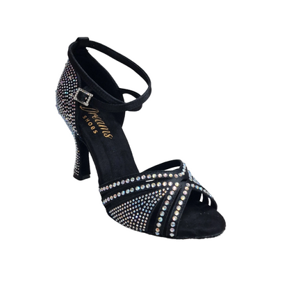Scarpa da ballo donna LULY Dreams Black in raso nero con cinturino incrociato, strass boreali e tacco a rocchetto