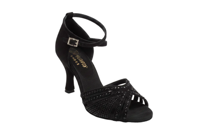 Scarpa da ballo donna LULY Dreams Black in raso nero con cinturino incrociato alla caviglia, strass e tacco a rocchetto.