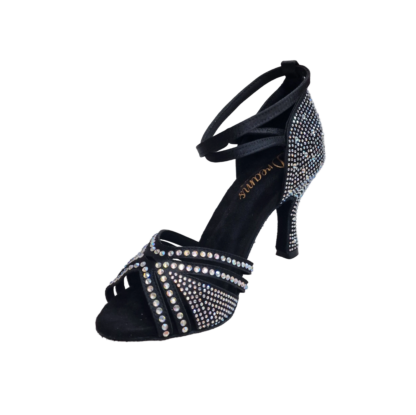 Scarpa da ballo donna LULY Dreams Black in raso nero con cinturino incrociato alla caviglia, strass e tacco a rocchetto