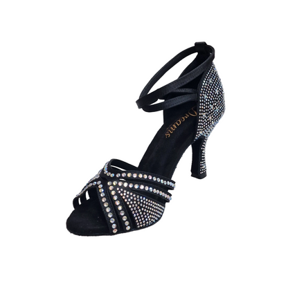 Scarpa da ballo donna LULY Dreams Black in raso nero con cinturino incrociato alla caviglia, strass e tacco a rocchetto