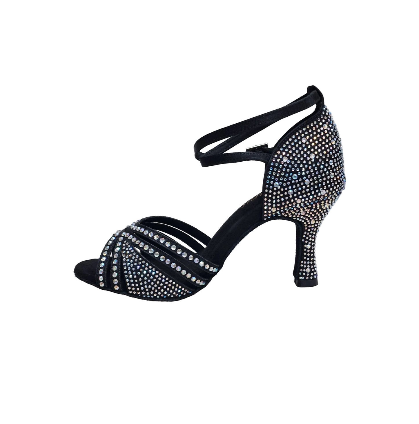 Scarpa da ballo donna LULY Dreams Black in raso nero con cinturino incrociato alla caviglia, strass boreali e tacco a rocchetto