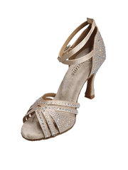 Carica immagine nella Galleria, Luly Dreams Gold (L3CE) - Scarpa da Ballo da Donna in Raso Oro Flash cinturino incrociato alla Caviglia con Strass Boreali Tacco a Rocchetto
