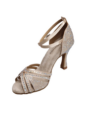 Carica immagine nella Galleria, Luly Dreams Gold (L3CE) - Scarpa da Ballo da Donna in Raso Oro Flash cinturino incrociato alla Caviglia con Strass Boreali Tacco a Rocchetto
