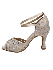 Carica immagine nella Galleria, Luly Dreams Gold (L3CE) - Scarpa da Ballo da Donna in Raso Oro Flash cinturino incrociato alla Caviglia con Strass Boreali Tacco a Rocchetto
