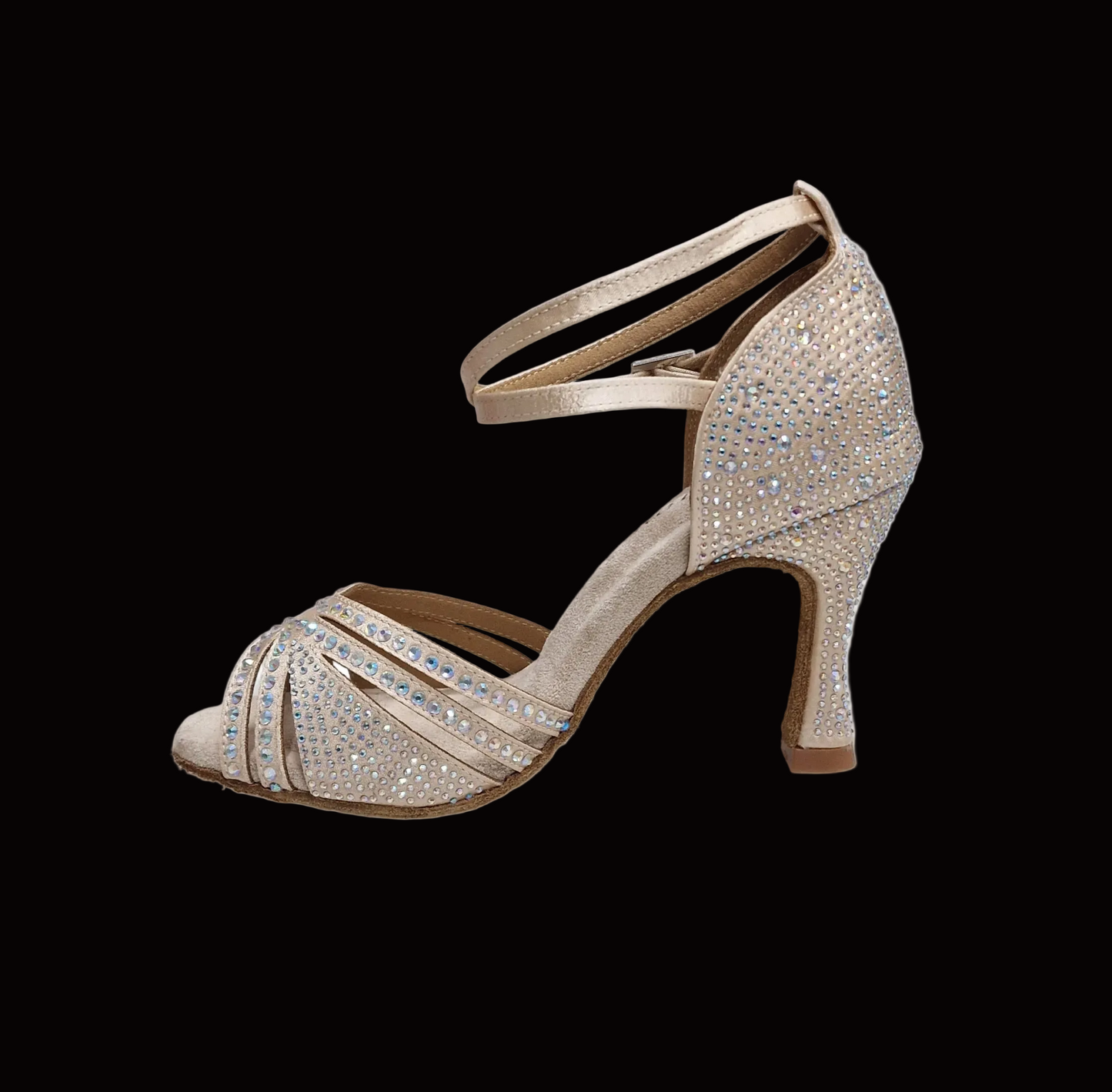 Scarpa da ballo donna LULY Dreams Gold Wish Dance Shop, raso oro, cinturino incrociato, strass e tacco a rocchetto.
