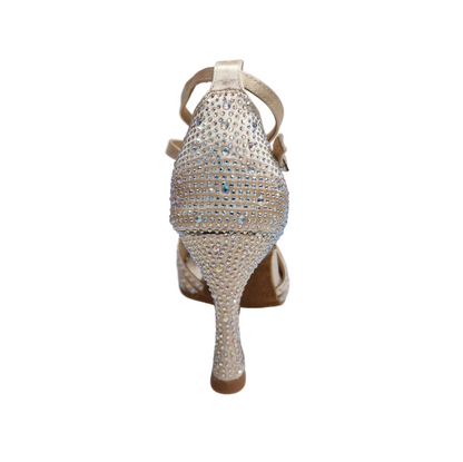 Scarpa da ballo donna LULY Dreams Gold Wish Dance Shop, raso oro, cinturino incrociato, strass e tacco a rocchetto.