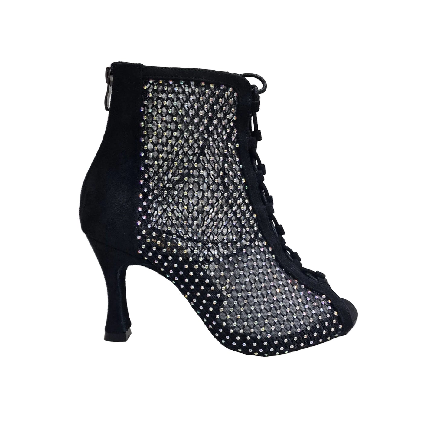 Stivaletto mezzo CLOE Dreams Black in simil camoscio vegan con zip, rete nera incrociata e tacco a rocchetto con strass.