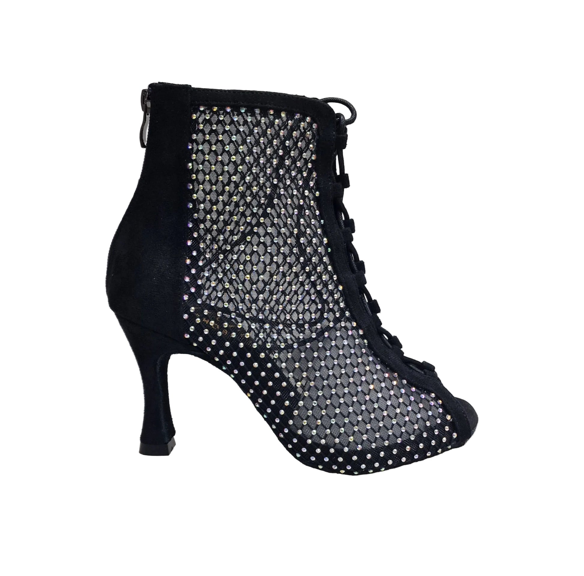 Stivaletto mezzo CLOE Dreams Black in simil camoscio vegan con zip, rete nera incrociata e tacco a rocchetto con strass.