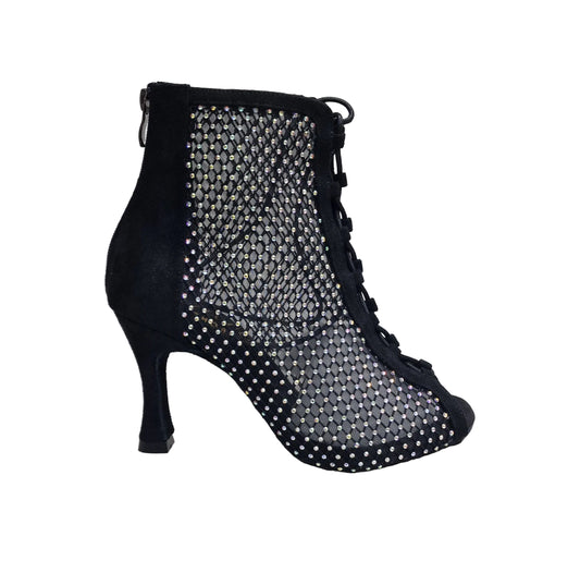 Stivaletto mezzo CLOE Dreams Black in simil camoscio vegan con zip, rete nera incrociata e tacco a rocchetto con strass.