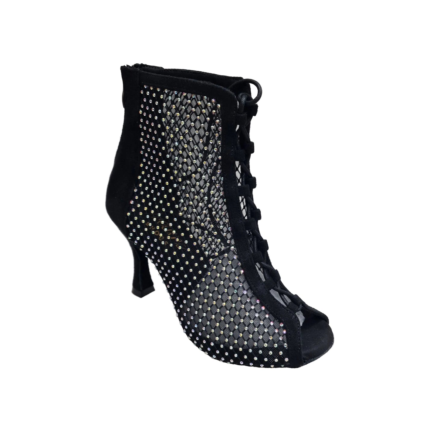 Stivaletto mezzo Cloe Dreams Black con zip, simil camoscio vegan, rete nera incrociata con strass e tacco a rocchetto.