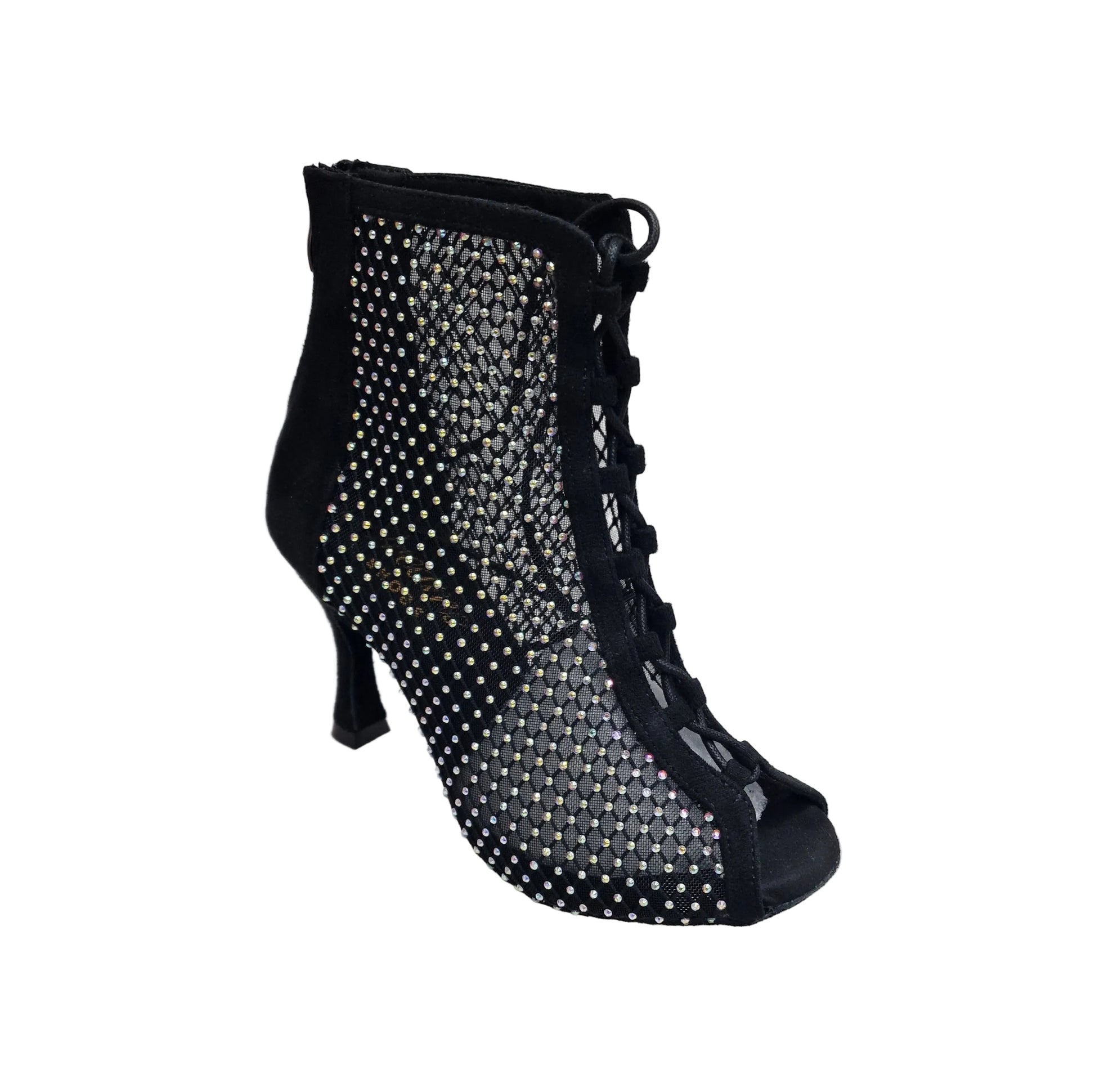Stivaletto mezzo Cloe Dreams Black con zip, simil camoscio vegan, rete nera incrociata con strass e tacco a rocchetto.