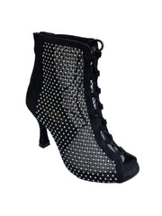 Carica immagine nella Galleria, CLOE Dreams Black (L637) - Mezzo Stivaletto con Zip in Simil Camoscio Vegan e Rete Nera Incrociata con Strass Boreali Tacco a Rocchetto