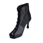 Carica immagine nella Galleria, CLOE Dreams Black (L637) - Mezzo Stivaletto con Zip in Simil Camoscio Vegan e Rete Nera Incrociata con Strass Boreali Tacco a Rocchetto
