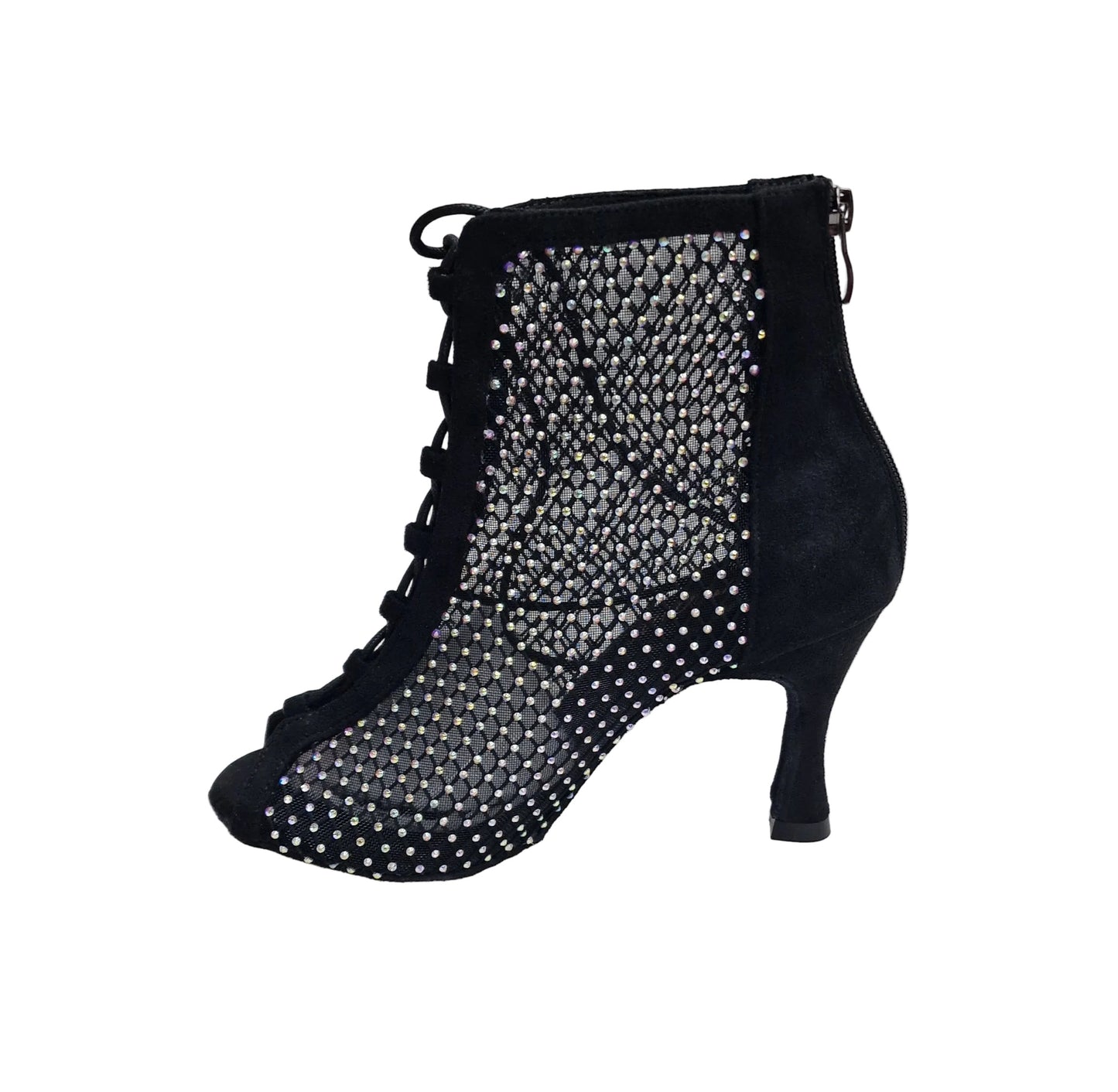 Stivaletto mezzo Cloe Dreams Black in simil camoscio vegan con zip, rete nera incrociata con strass boreali e tacco a rocchetto.