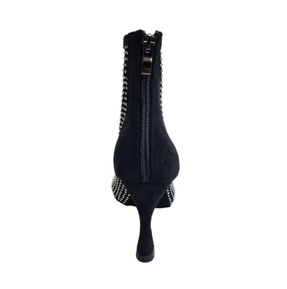 Stivaletto mezzo CLOE Dreams Black di Wish Dance Shop con zip, simil camoscio vegan, rete nera incrociata e tacco a rocchetto.