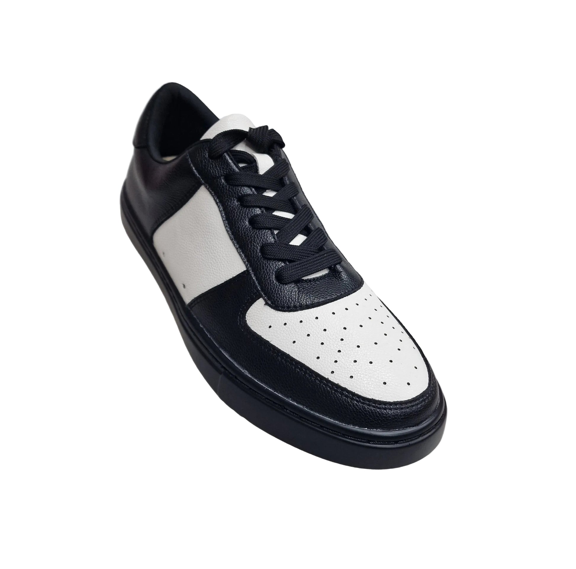 Sneaker ecopelle vegana bianca e nera Wish Dance, suola nera in gomma e resina, dettagli con cerchi bianchi, modello REY.