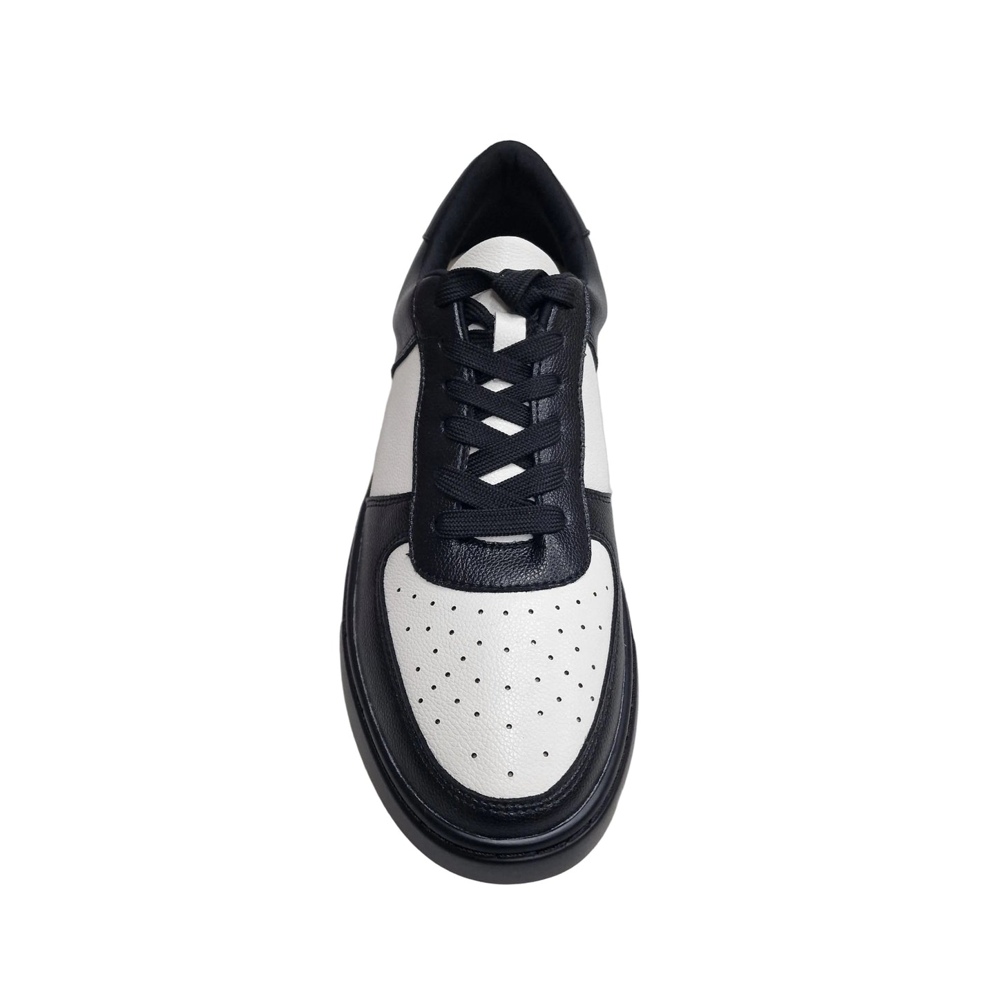 Sneaker Wish Dance Shop REY bianca e nera in ecopelle vegana con suola nera in gomma e resina, dettagli con cerchi bianchi.