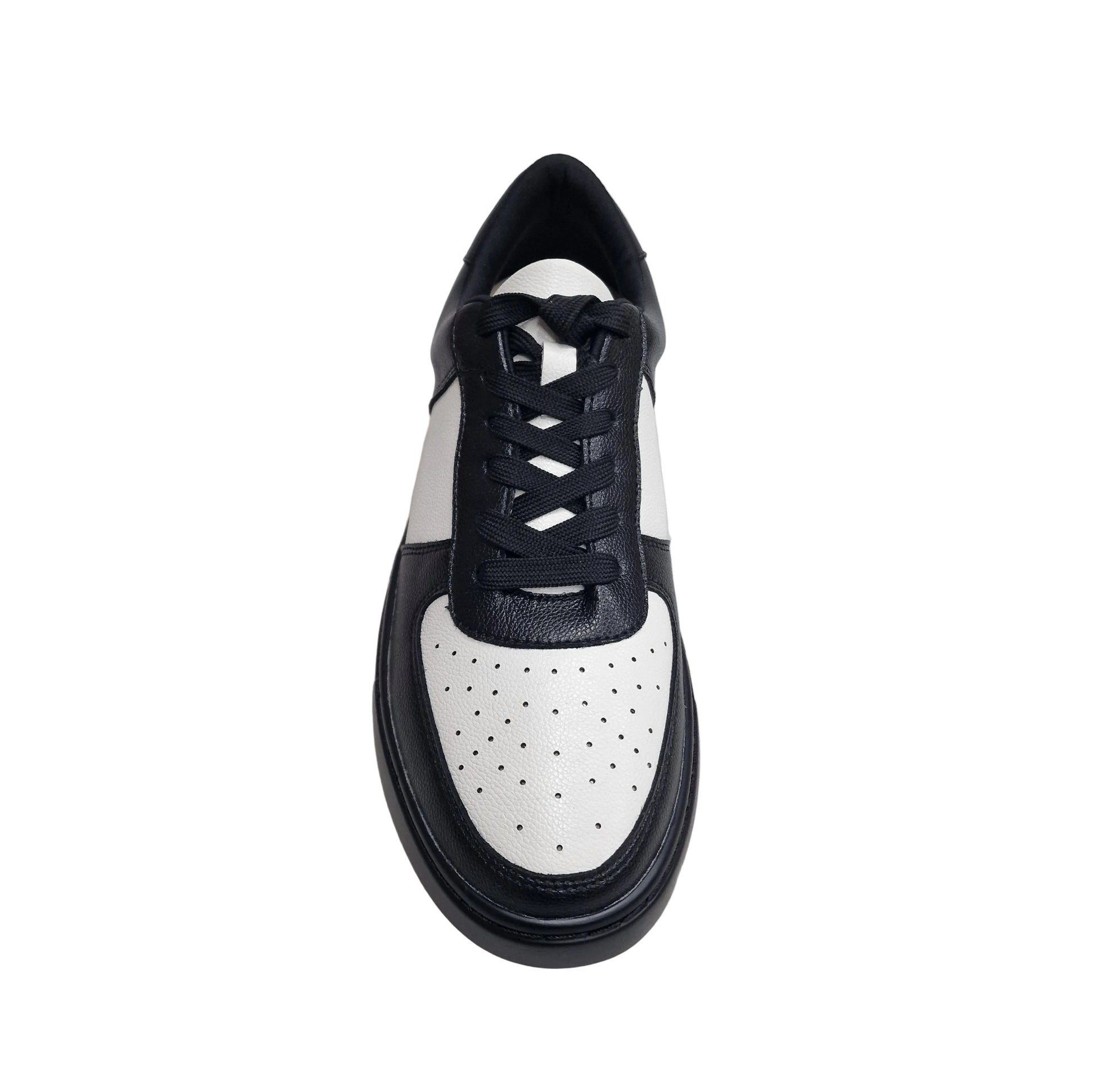 Sneaker Wish Dance Shop REY bianca e nera in ecopelle vegana con suola nera in gomma e resina, dettagli con cerchi bianchi.