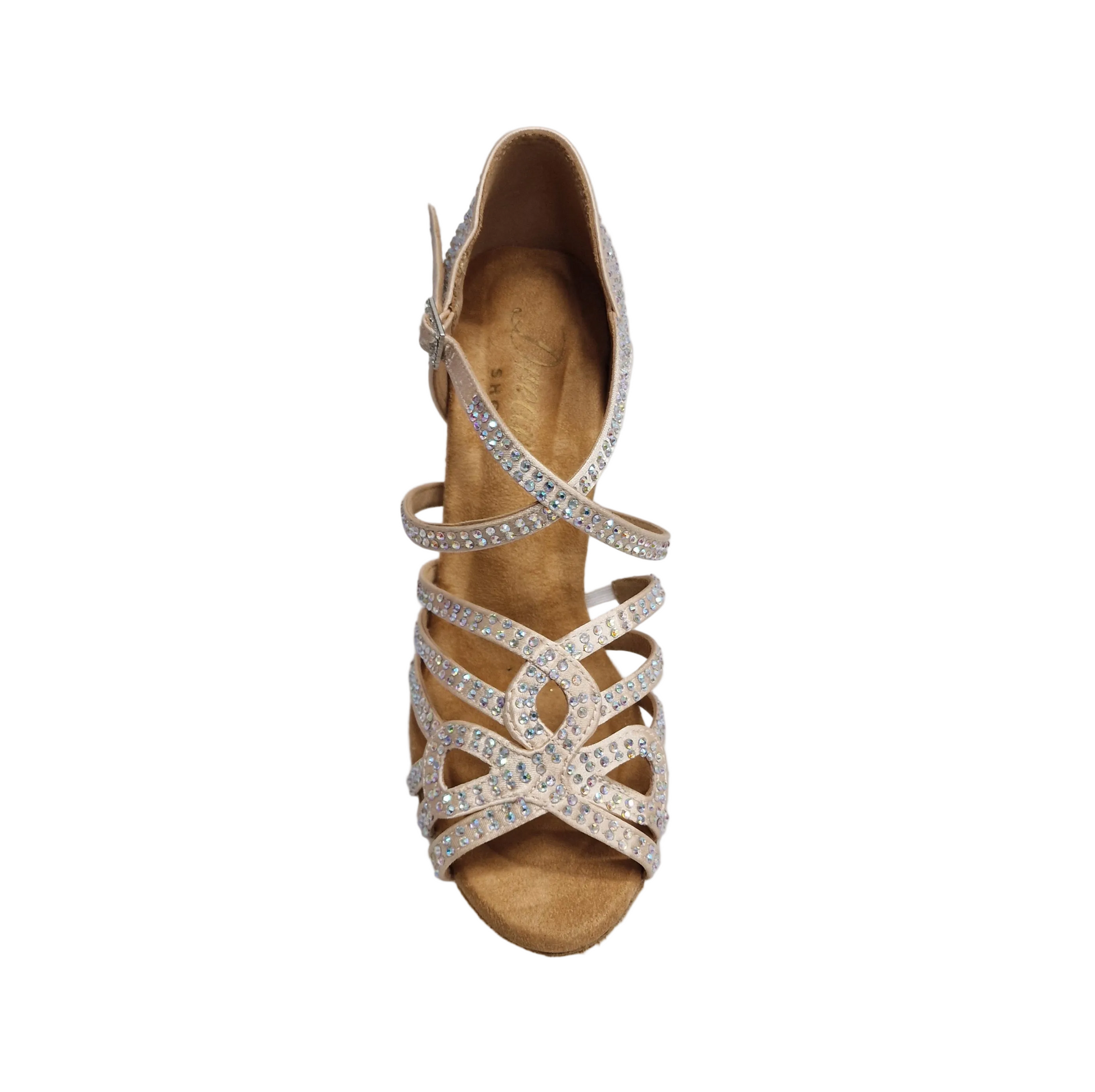 Scarpa da ballo Donna NORA Dreams Gold Wish Dance Shop in raso oro con cinturino incrociato, tacco a rocchetto e strass boreali