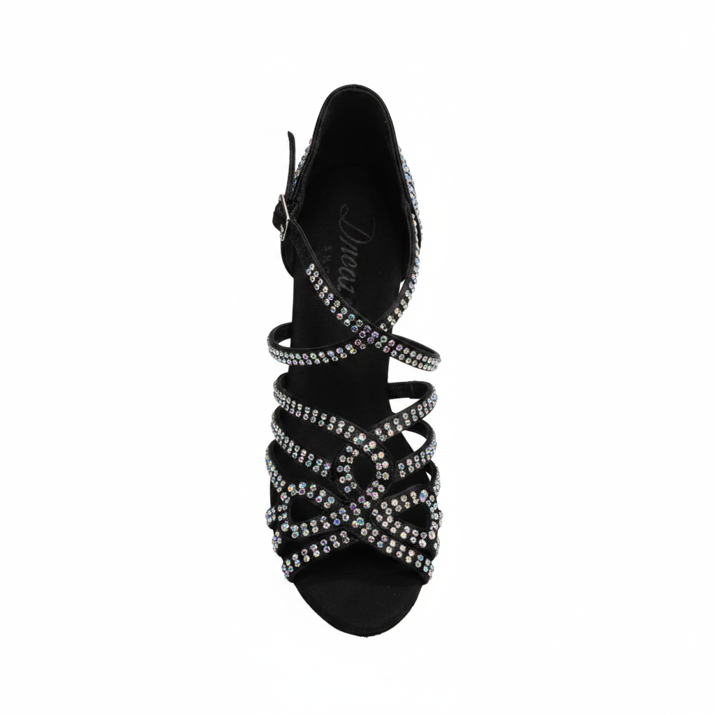 Scarpa da ballo donna NORA Dreams Gold Wish Dance Shop in raso oro con cinturino incrociato, tacco a rocchetto e strass Boreali