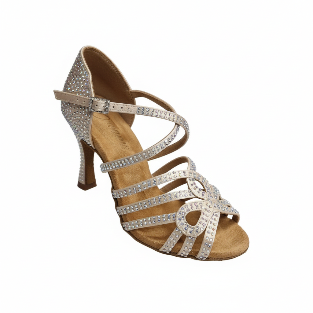 Scarpa da ballo donna NORA Dreams Gold Wish Dance Shop in raso oro con cinturino incrociato, tacco a rocchetto e strass Boreali.