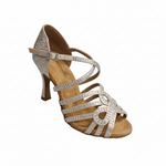 Carica immagine nella Galleria, NORA Dreams Gold ( L2576S ) - Scarpa da Ballo da Donna in Raso Oro Flash cinturino incrociato alla Caviglia con Strass Boreali Tacco a Rocchetto
