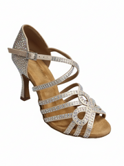 Carica immagine nella Galleria, NORA Dreams Gold ( L2576S ) - Scarpa da Ballo da Donna in Raso Oro Flash cinturino incrociato alla Caviglia con Strass Boreali Tacco a Rocchetto