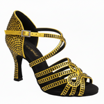 Load image into Gallery viewer, NORA Dreams Gold (L2576S) - Scarpa da Ballo da Donna in Raso Oro Flash cinturino incrociato alla Caviglia con Strass Boreali Tacco a Rocchetto
