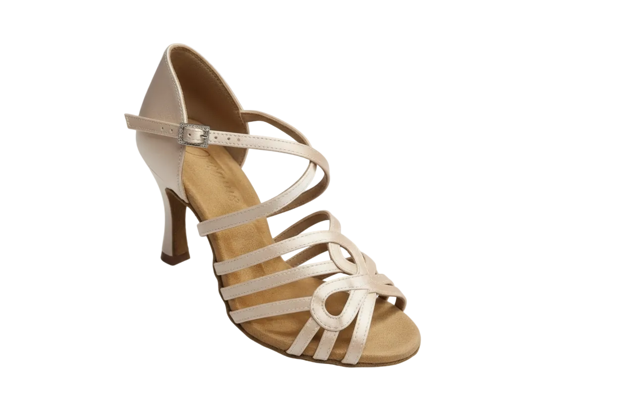 Scarpa da ballo donna Wish Dance Shop NORA Dreams Gold in raso oro con cinturino incrociato, tacco a rochetto e strass Boreali.