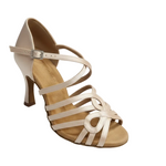 Carica immagine nella Galleria, NORA Dreams Gold (L2576S) - Scarpa da Ballo da Donna in Raso Oro Flash cinturino incrociato al Collopiede con Strass Boreali Tacco a Rocchetto
