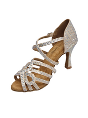 Carica immagine nella Galleria, NORA Dreams Gold ( L2576S ) - Scarpa da Ballo da Donna in Raso Oro Flash cinturino incrociato alla Caviglia con Strass Boreali Tacco a Rocchetto