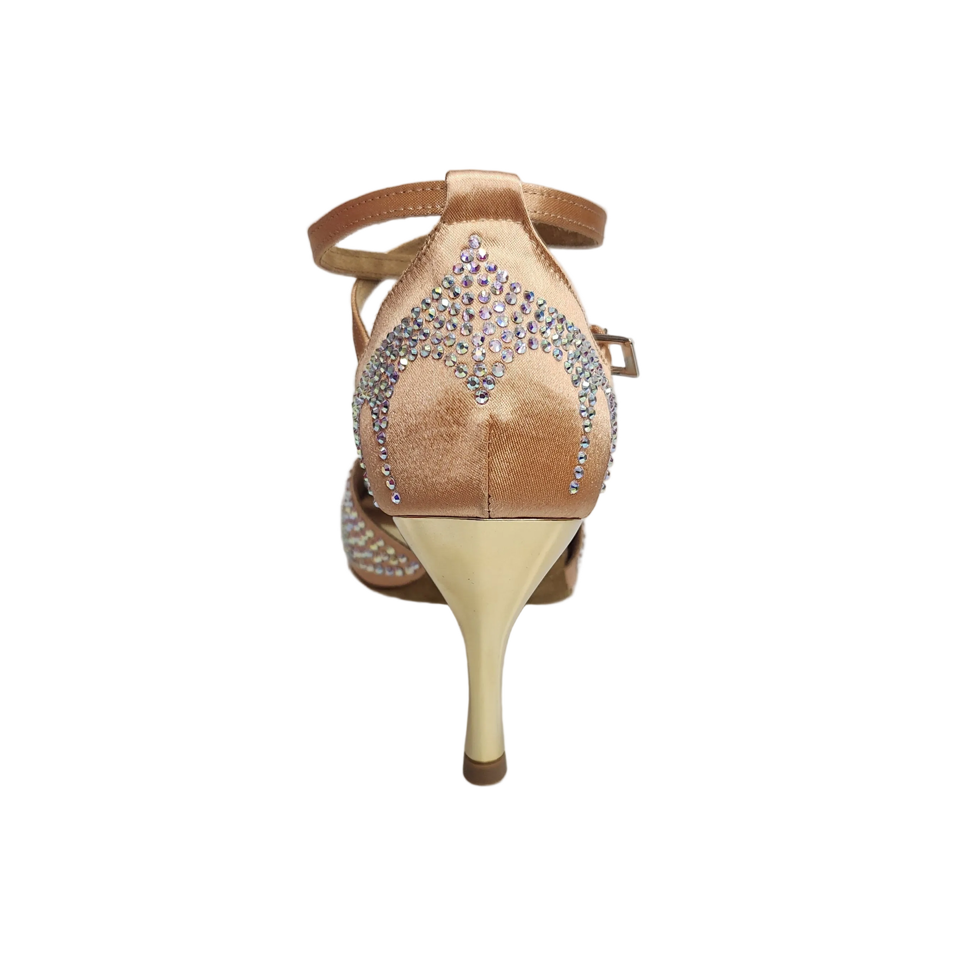 Scarpa da ballo Wish Dance Shop Deluxe Butterfly in raso seta carne con Swarovski, tacco a spillo laminato oro.