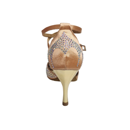 Scarpa da ballo Wish Dance Shop Deluxe Butterfly in raso seta carne con Swarovski, tacco a spillo laminato oro.